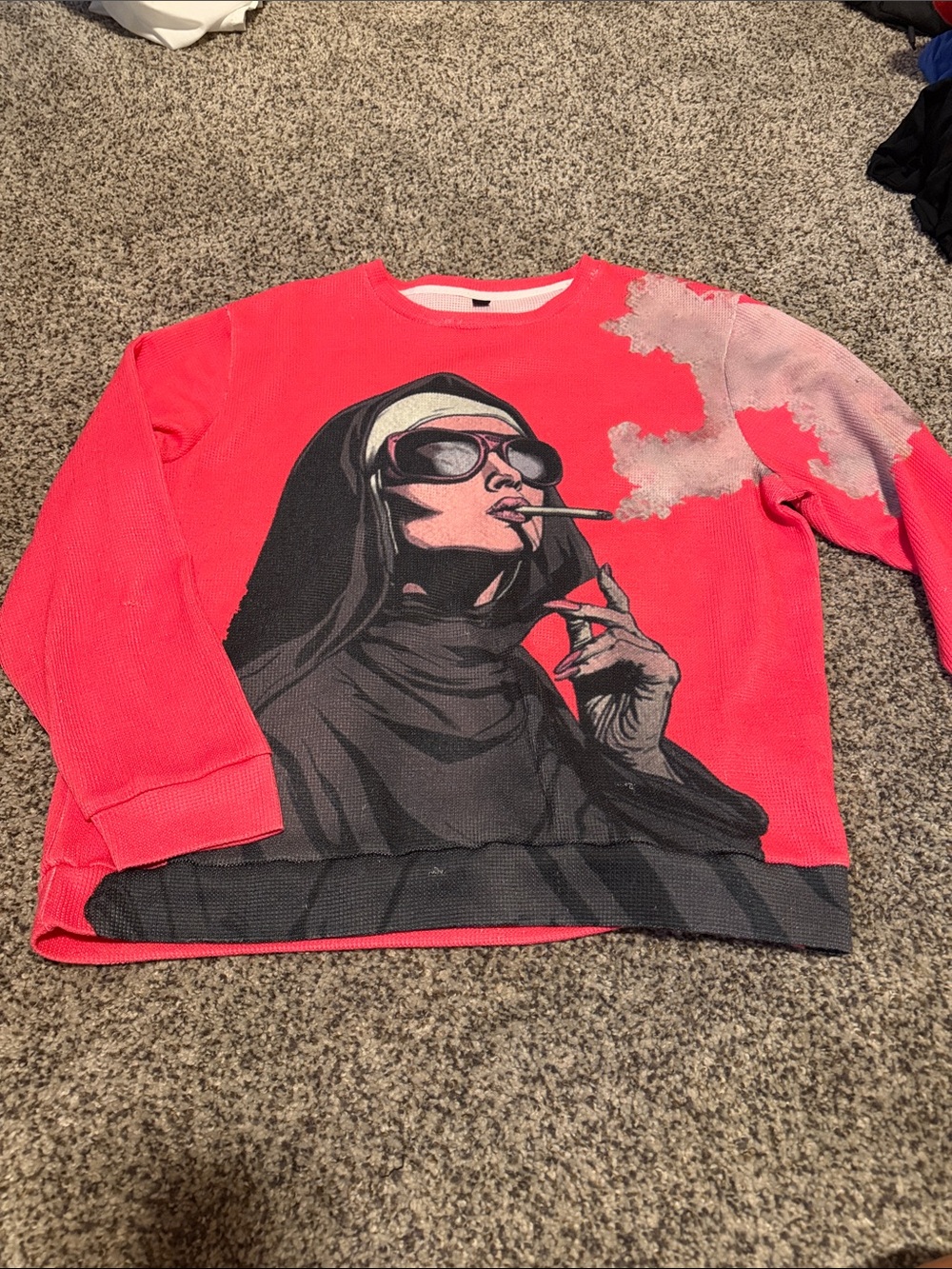 Graphic Nun Smoking Pullover Sweatshirt - Coral Pink
